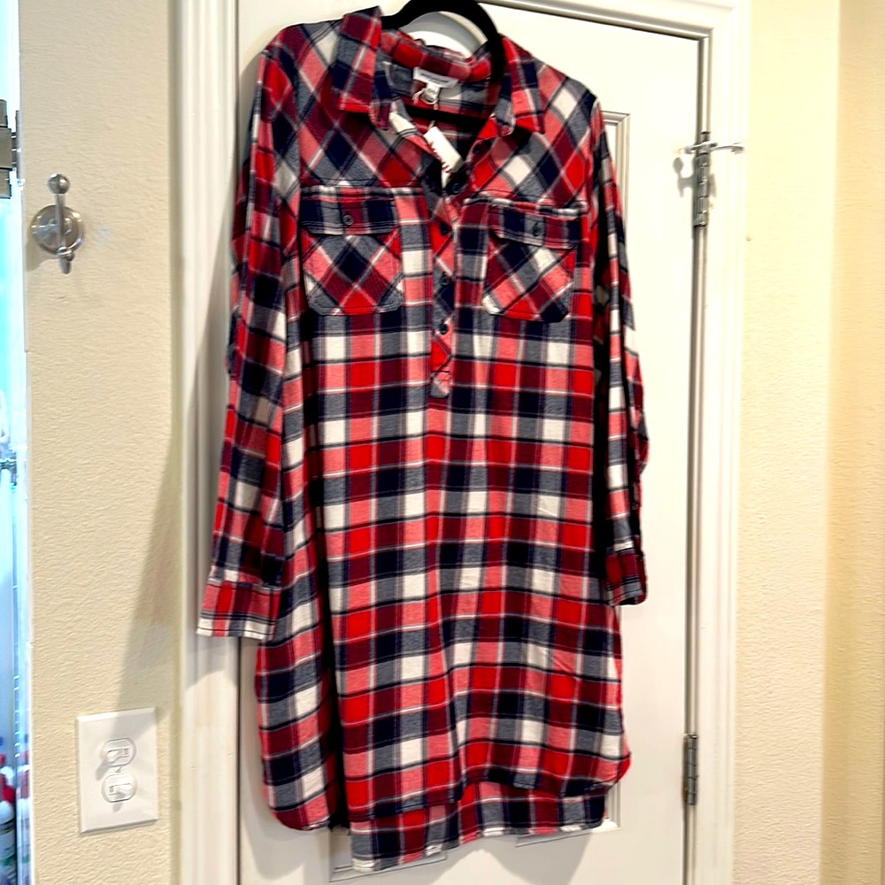 XL soft flannel shirt dress knee length new with tags